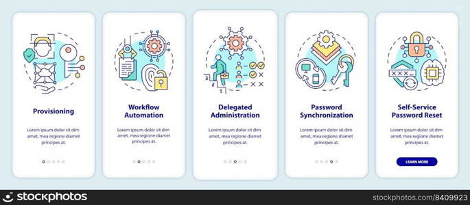 Management of identities onboarding mobile app screen. Users accounts walkthrough 5 steps editable graphic instructions with linear concepts. UI, UX, GUI template. Myriad Pro-Bold, Regular fonts used. Management of identities onboarding mobile app screen