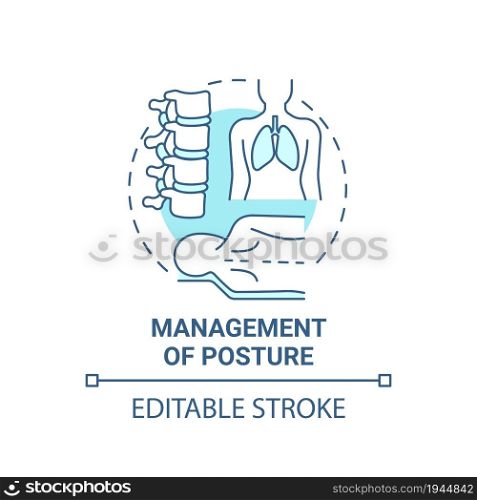 Management of posture blue concept icon. Pulmonary rehabilitation abstract idea thin line illustration. Posture correction for lungs health. Vector isolated outline color drawing. Editable stroke. Management of posture blue concept icon