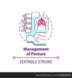 Management of posture concept icon. Pulmonary rehabilitation abstract idea thin line illustration. Posture correction for lungs health. Vector isolated outline color drawing. Editable stroke. Management of posture concept icon