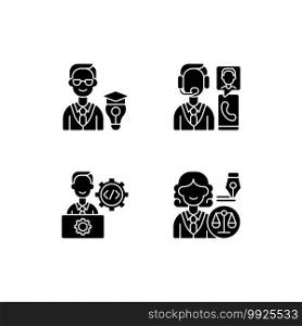 Management structure black glyph icons set on white space. Educational management. Customer service and support. IT department. Legal affairs. Silhouette symbols. Vector isolated illustration. Management structure black glyph icons set on white space