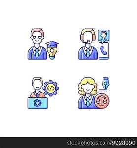 Management structure RGB color icons set. Educational management. Customer service and support. IT department. Legal affairs. Corporate trainers, educators. Isolated vector illustrations. Management structure RGB color icons set