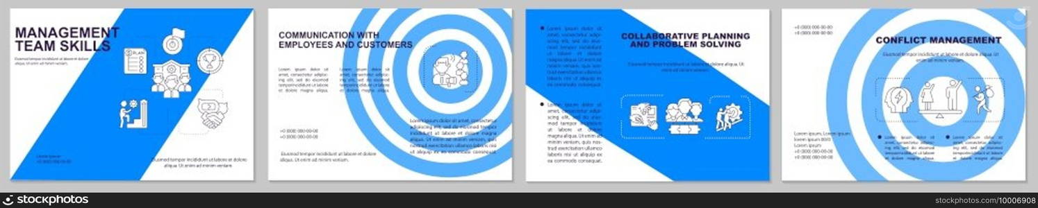 Management team skill brochure template. Collaborative solving problem. Flyer, booklet, leaflet print, cover design with linear icons. Vector layouts for magazines, annual reports, advertising posters. Management team skill brochure template
