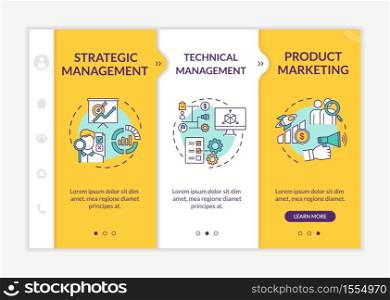 Management types onboarding vector template. Commercial research. Marketing plan. Business strategy. Responsive mobile website with icons. Webpage walkthrough step screens. RGB color concept. Management types onboarding vector template