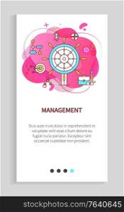 Management vector, wheel and board with bullseye and arrow, development of business target and graphs, text sample and info cogwheel process. Website or app slider, landing page flat style. Management Poster with Board Development Vector
