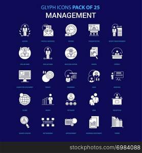 Management White icon over Blue background. 25 Icon Pack