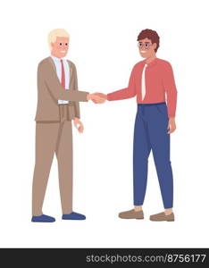 Manager and employee shaking hands semi flat color vector characters. Editable figures. Full body people on white. Coworkers simple cartoon style illustration for web graphic design and animation. Manager and employee shaking hands semi flat color vector characters