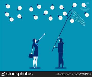 Manager and team catching ideas with a butterfly net. Concept business vector illustration, Flat busines cartoon, Character design style.