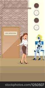 Manager Ask Female Robot to Office Job Interview. Woman Bot Sit at Door in Corridor or Hallway. HR or Boss Invite Artificial Intelligence Candidate for Work. Flat Cartoon Vector Illustration. Manager Ask Female Robot to Office Job Interview