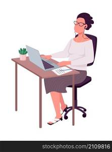 Manager at laptop semi flat color vector character. Sitting figure. Full body person on white. Workplace for freelancer isolated modern cartoon style illustration for graphic design and animation. Manager at laptop semi flat color vector character