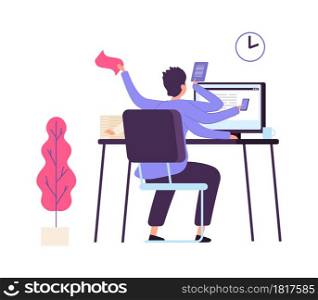 Manager at work. Administrator time management, office deadline. Man scheduled task, productivity vector concept. Businessman administrator at computer, office man multi-tasking illustration. Manager at work. Administrator time management, office deadline. Man fail scheduled task, inefficiency productivity vector concept