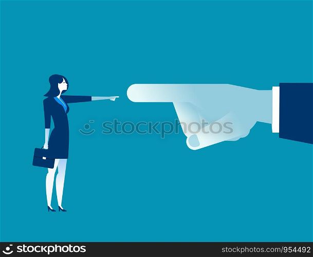 Manager big finger pointing at the small businesswoman. Concept business office people illustration. Vector cartoon character flat