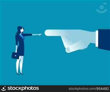 Manager big finger pointing at the small businesswoman. Concept business office people illustration. Vector cartoon character flat