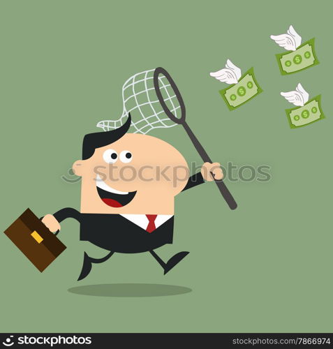 Manager Chasing Flying Money With A Net.Flat Design Style