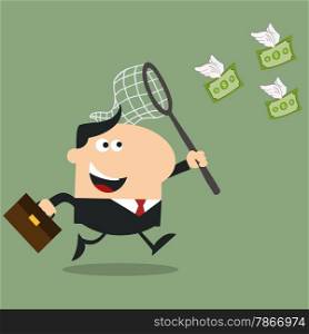 Manager Chasing Flying Money With A Net.Flat Design Style