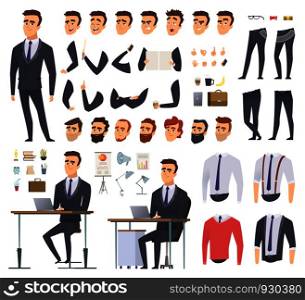 Manager creation kit. Businessman office person arms hands clothes and items vector male character animation project. Illustration of business man creation, body and emotion construction. Manager creation kit. Businessman office person arms hands clothes and items vector male character animation project