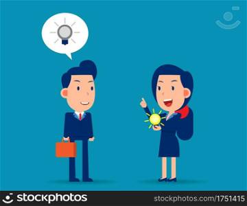 Manager give new idea for colleague. Business creativity concept. Flat cartoon vector style