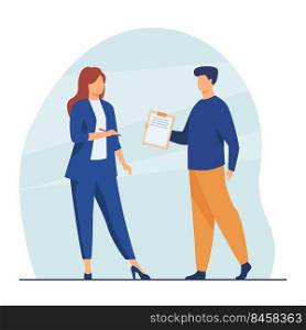 Manager giving document to female boss for signing. Leader, male assistant, agreement. Flat vector illustration. Contract, business, paperwork concept for banner, website design or landing web page