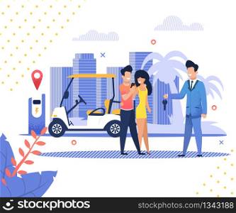 Manager Hands Over Key Hotel Transport to Couple. Vector Illustration. Flat Banner on White Background. Happy Man in Sportswear Hugs Girl in Yellow Dress Against Backdrop Hotel Complex.