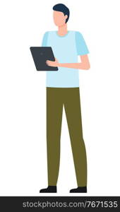 Manager holding tablet, working with wireless device, worldwide internet connection. Employee communication online by using computer. B2B management, male taking orders in flat design cartoon style. Man Holding Tablet, Logistics Worldwide Vector