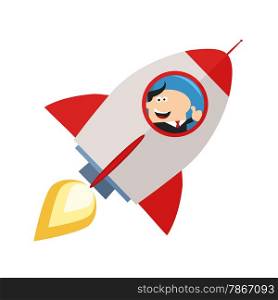 Manager Launching A Rocket And Giving Thumb Up.Flat Style Illustration Isolated On White