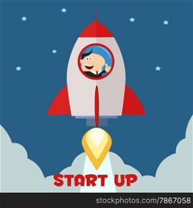 Manager Launching A Rocket To The Sky And Giving Thumb Up.Flat Style Illustration With Text