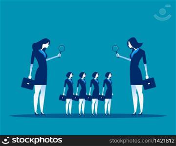 Manager looks at the people through a magnifying glass. Concept business vector illustration, Flat character design, Business cartoon style.