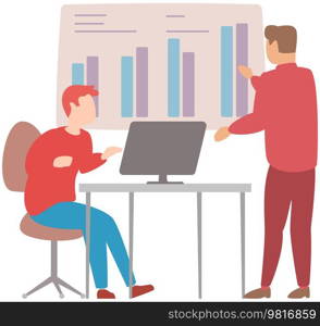 Manager makes presentation of statistical report analysis charts. Planning business. Teamwork consulting for project management, financial reporting and strategy. Data analysis research statistics. Manager makes a presentation of a statistical report. Analysis and planning business concept