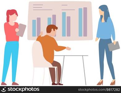 Manager makes presentation of statistical report analysis charts. Planning business. Teamwork consulting for project management, financial reporting and strategy. Data analysis research statistics. Manager makes a presentation of a statistical report. Analysis and planning business concept