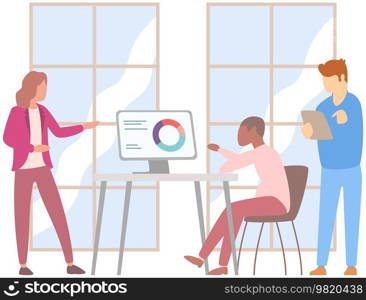 Manager makes presentation of statistical report analysis charts. Planning business. Teamwork consulting for project management, financial reporting and strategy. Data analysis research statistics. Manager makes a presentation of a statistical report. Analysis and planning business concept