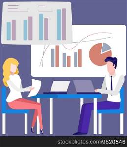 Manager makes presentation of statistical report analysis charts. Planning business. Teamwork consulting for project management, financial reporting and strategy. Data analysis research statistics. Manager makes a presentation of a statistical report. Analysis and planning business concept