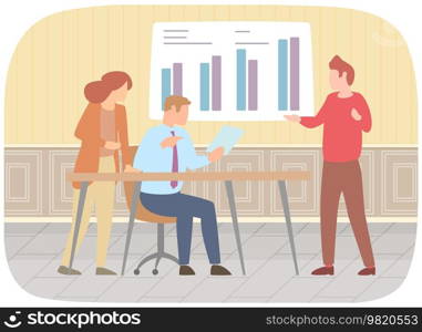 Manager makes presentation of statistical report analysis charts. Planning business. Teamwork consulting for project management, financial reporting and strategy. Data analysis research statistics. Manager makes a presentation of a statistical report. Analysis and planning business concept