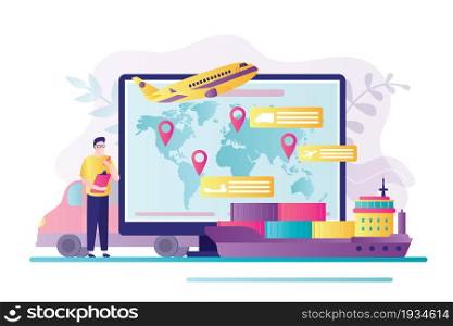 Manager monitors the delivery of parcels. Ship full of various cargo. Concept of logistics, transportation and worldwide shipping. Map with destinations on computer screen. Flat vector illustration. Manager monitors the delivery of parcels. Ship full of various cargo. Concept of logistics, transportation and worldwide shipping