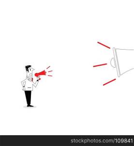 Manager,Office Worker or businessman holding small megaphone with big megaphone on background.Businessman on megaphone make an announcement.Business vector concept illustration