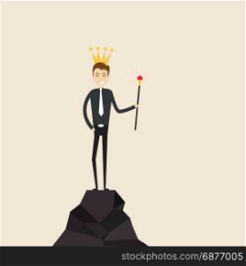 Manager,office worker or businessman stand on the top of mountain and hold the scepter in his hand with the crown on his head. Concept of business success or leadership.Vector flat design illustration