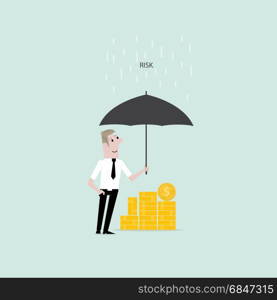 Manager,office worker or businessman with the beard holding an open umbrella over golden coins. Concept of business insurance.Vector flat design illustration