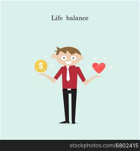 Manager,Office Worker or businessman with the golden coins and red heart icon on his hand.Concept of work and life balance.Vector flat design illustration