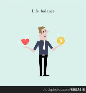 Manager,Office Worker or businessman with the golden coins and red heart icon on his hand.Concept of work and life balance.Vector flat design illustration