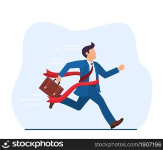 Manager or businessman at finish line. A man in a suit crosses the finish line, red ribbon. Business Achievement. Successful Manager. Vector illustration in flat style.. Manager or businessman at finish line.