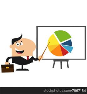 Manager Pointing Progressive Pie Chart On A Board.Flat Style Illustration Isolated On White