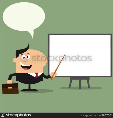 Manager Pointing To A White Board.Flat Style Illustration With Speech Bubble