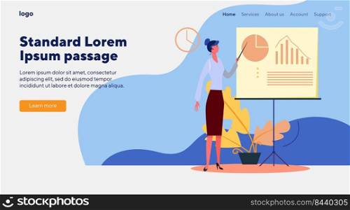 Manager presenting report. Company representative pointing at diagram on white board flat vector illustration. Presentation, analysis concept for banner, website design or landing web page