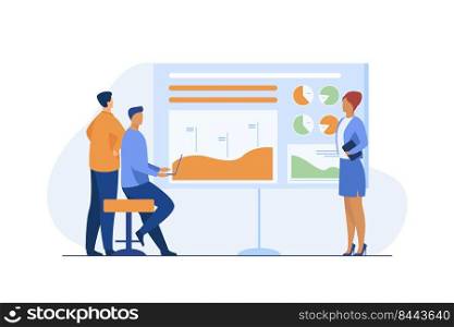 Manager presenting report to colleagues, partners, investors. Diagram, bar chart, graph flat vector illustration. Business presentation, analysis concept for banner, website design or landing web page