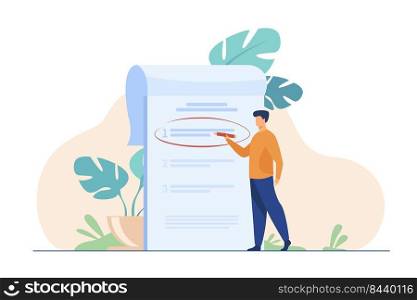 Manager prioritizing tasks in to do list. Man taking notes, planning his work, underlining important points. Vector illustration for agenda, checklist, management, efficiency concept