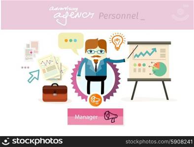 Manager profession. Man manager talking and holding a pointer and show graphs on tripod stand. Workplace office desk. Business man on presentation. Flat design illustration. Manager profession. Workplace office desk
