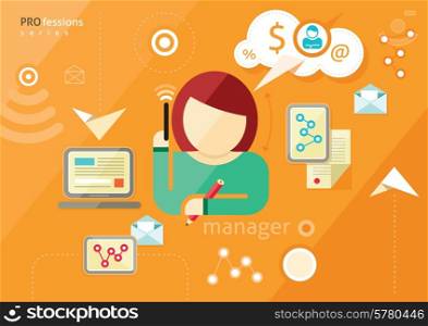 Manager profession. Woman manager talking on phone and writes. Workplace office desk. Business woman working with documents. Flat design illustration