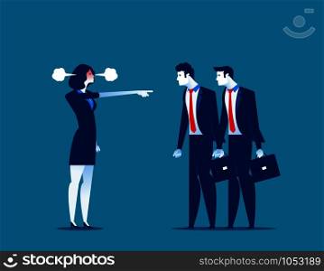 Manager red face of rage and pointing to staff. Concept business vector illustration