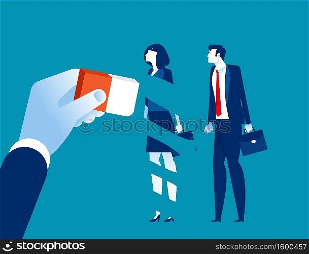 Manager removed employee with eraser. Concept business fired vector illustration,  Being out of the team