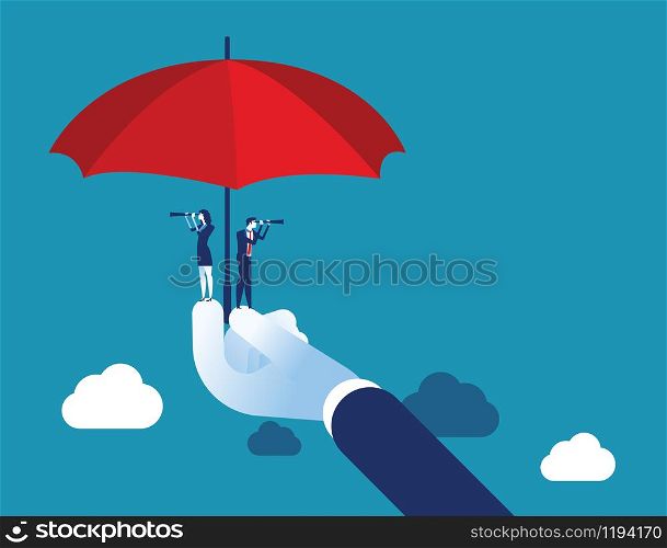 Manager safe his team. Looking telescope for future opportunity. Concept business vector illustration.