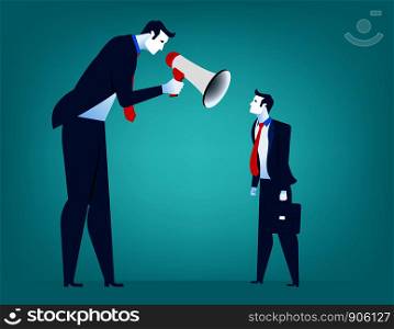 Manager screaming in megaphone on man colleague. Reproach with businessman. Concept business illustration. Vector flat