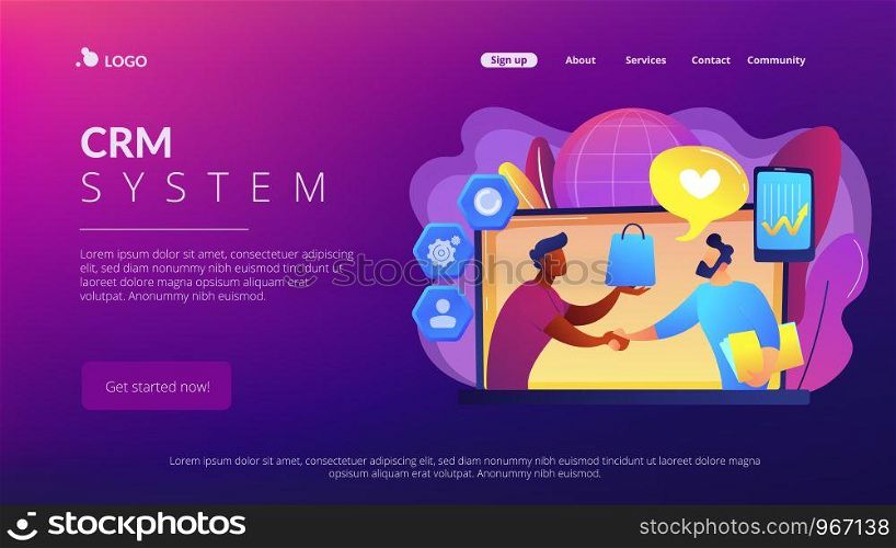 Manager shakes hands with customer, strategy for interactions with client. Customer relationship management, CRM system, CRM lead management concept. Website vibrant violet landing web page template.. Customer Relationship Management concept landing page.